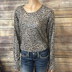 Guess Top XL Ruched Sides Animal Leopard Print Crystals‎ Bling Mesh Long Sleeve
